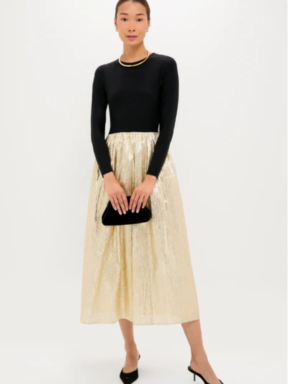 Tuckernuck Gold Plisse & Black Mixed Media Schuyler Maxi Dress (XL)
